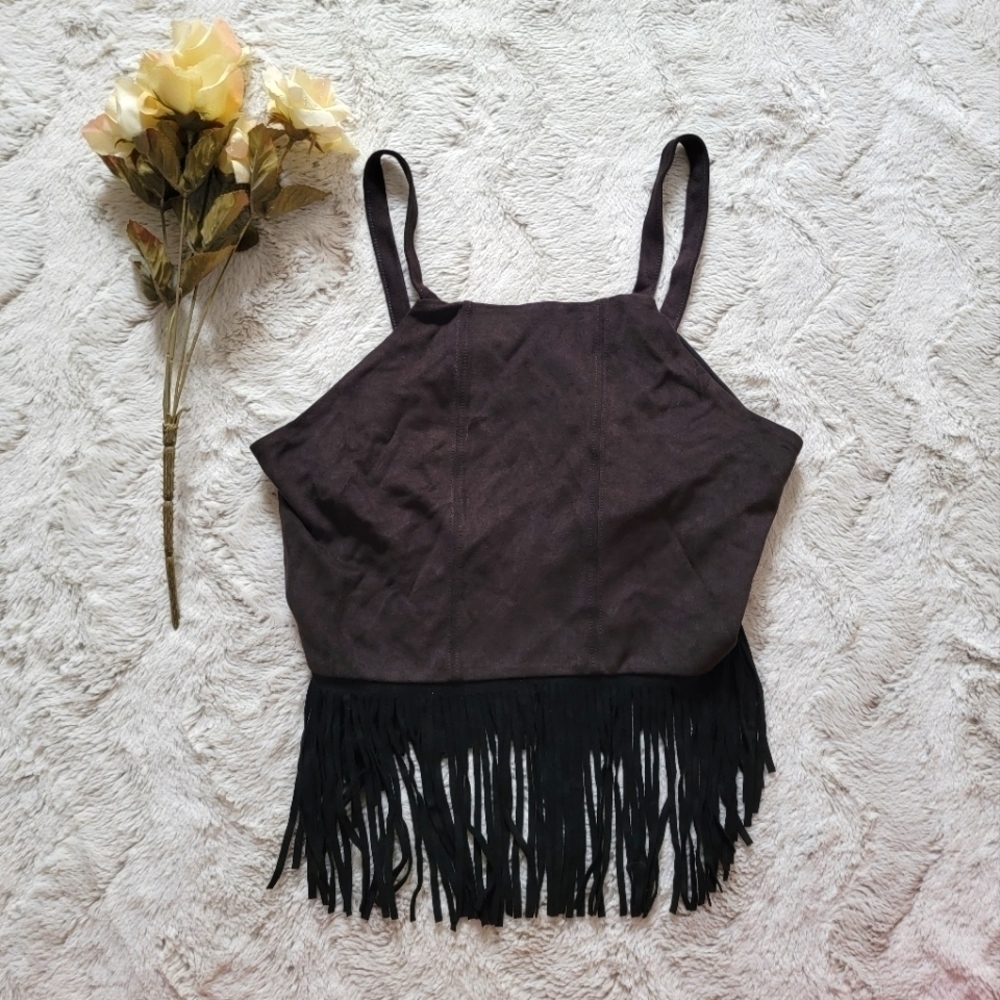 River Island Black Sleeveless Fringe‎ Hem Crop Top Size 10